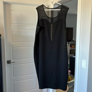 MBLM; sleeveless dress, black, bronze accents, mesh shoulders, size 3X